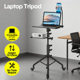 Mobile Laptop Tripod Stand 11-16 Inch on Wheels 82-170cm Height Adjustable Projector Stand Portable Stand with Gooseneck Phone Holder for Home Office - Front View
