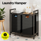 Laundry Hamper Basket Metal Laundry Organizer with MDF Shelf and 2 Waterproof Pull-Out Removable Dirty Clothes Bags for Laundry Room Bedroom Bathroom Dorm - Front View
