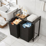 Laundry Hamper Basket Metal Laundry Organizer with MDF Shelf and 2 Waterproof Pull-Out Removable Dirty Clothes Bags for Laundry Room Bedroom Bathroom Dorm - Low Angle