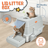 20L Large Anti-Leak Enclosed Cat Litter Box Stainless Steel Detachable Kitty Litter Tray with ABS Lid High Sides Scoop and Ramp Easy Cleaning Light Grey - Front View