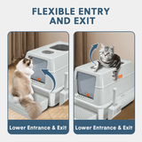 20L Large Anti-Leak Enclosed Cat Litter Box Stainless Steel Detachable Kitty Litter Tray with ABS Lid High Sides Scoop and Ramp Easy Cleaning Light Grey - Low Angle