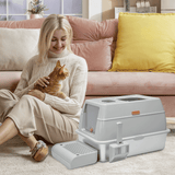 20L Large Anti-Leak Enclosed Cat Litter Box Stainless Steel Detachable Kitty Litter Tray with ABS Lid High Sides Scoop and Ramp Easy Cleaning Light Grey - Extra Image