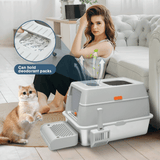 20L Large Anti-Leak Enclosed Cat Litter Box Stainless Steel Detachable Kitty Litter Tray with ABS Lid High Sides Scoop and Ramp Easy Cleaning Light Grey - Extra Image