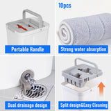 Flat D Set Mop and Bucket Wringer Set with Stainless-Steel Handle 10 Washable and Reusable Microfiber Pads for Hardwood Laminate Floors Tile - 45-Degree Angle