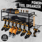Power Tool Organizer Wall Mount 7 Drill Holder 3 Layer Heavy Duty Metal for Drill Plier Hammer Rack Suitable for Workshop Garage - Front View