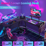 L Shaped Computer Desk Round Corner Gaming Desk PC Laptop Workstation Reversible Wood Table With Screen Stand and Foot Fest Bar Home Office Black - Front View