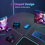L Shaped Computer Desk Round Corner Gaming Desk PC Laptop Workstation Reversible Wood Table With Screen Stand and Foot Fest Bar Home Office Black - Top-Down View