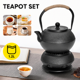 1.2L Cast Iron Teapot and Warmer Set Tea Kettle Iron Bottle With Stainless Steel Mesh Infuser and Anti-Scald Handle Compatible with Multi-Heat Source Black - Front View