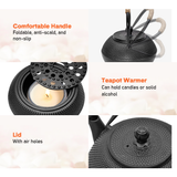 1.2L Cast Iron Teapot and Warmer Set Tea Kettle Iron Bottle With Stainless Steel Mesh Infuser and Anti-Scald Handle Compatible with Multi-Heat Source Black - Side View