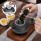1.2L Cast Iron Teapot and Warmer Set Tea Kettle Iron Bottle With Stainless Steel Mesh Infuser and Anti-Scald Handle Compatible with Multi-Heat Source Black - 45-Degree Angle