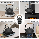 1.2L Cast Iron Teapot and Warmer Set Tea Kettle Iron Bottle With Stainless Steel Mesh Infuser and Anti-Scald Handle Compatible with Multi-Heat Source Black - Low Angle
