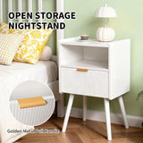 White Nightstand Modern Solid Wooden Open Shelf Bedside Table with One Storage Drawer and Solid Legs for Living Room Bedroom Apartment Easy Assembly - Front View