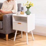White Nightstand Modern Solid Wooden Open Shelf Bedside Table with One Storage Drawer and Solid Legs for Living Room Bedroom Apartment Easy Assembly - Low Angle