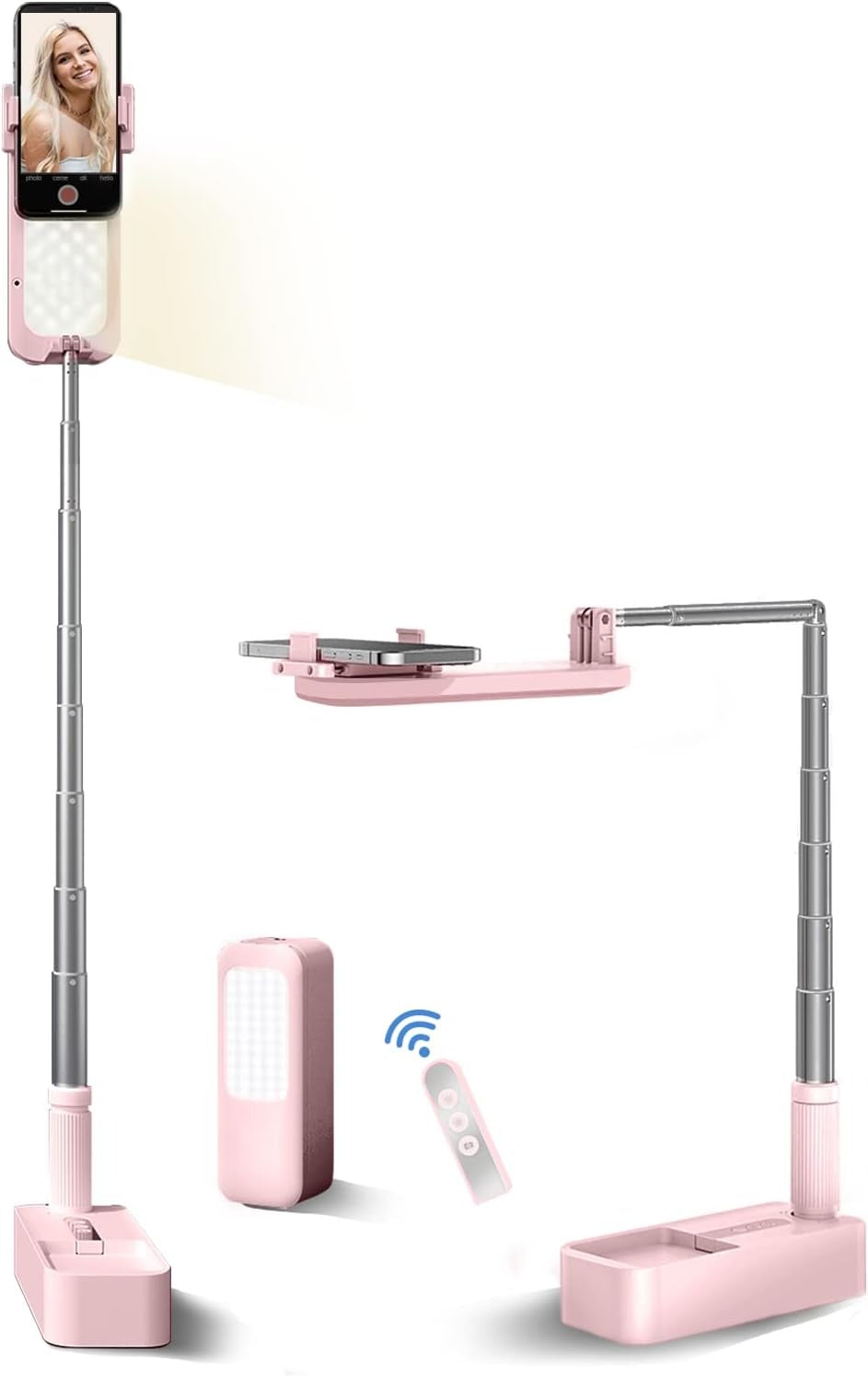 Selfie Stand with 360? Rotates Phone Holder, Foldable/Rechargeable/Wireless/Overhead Recording with 1000mah Battery for Live Stream/Make up/YouTube/