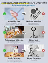 Selfie Stand with 360? Rotates Phone Holder, Foldable/Rechargeable/Wireless/Overhead Recording with 1000mah Battery for Live Stream/Make up/YouTube/