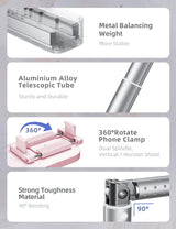 Selfie Stand with 360° Rotates Phone Holder, Foldable/Rechargeable/Wireless/Overhead Recording with 1000mah Battery for Live Stream/Make up/YouTube/Tiktok/Vlog, 7 Brightness LED Light(Pink) - Rear View