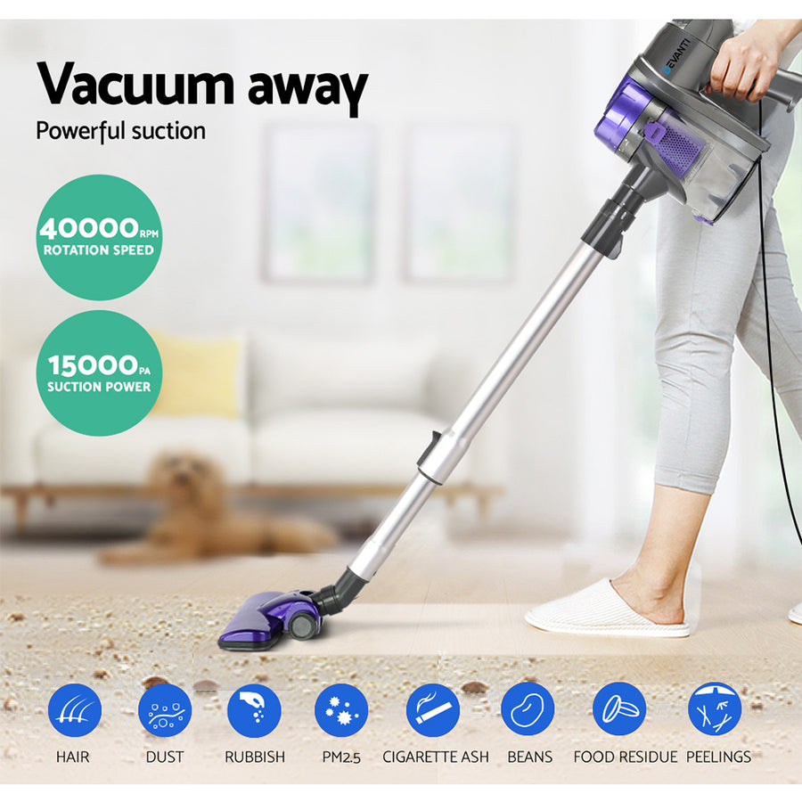 Devanti 450W corded stick vacuum cleaner in purple and silver, converts to handheld vacuum