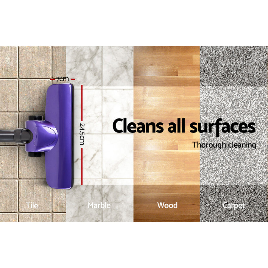 Devanti 450W corded stick vacuum cleaner in purple and silver, pivoting floor brush
