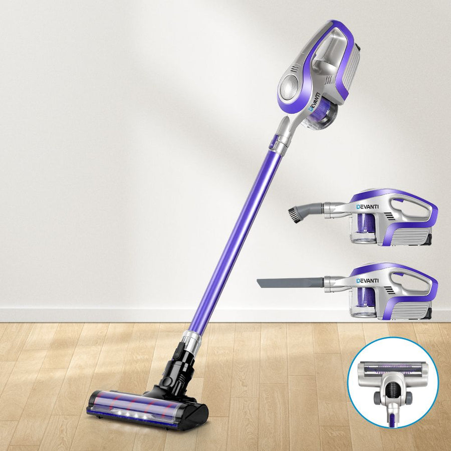 Devanti cordless 150W stick vacuum cleaner with roller brush, grey and purple