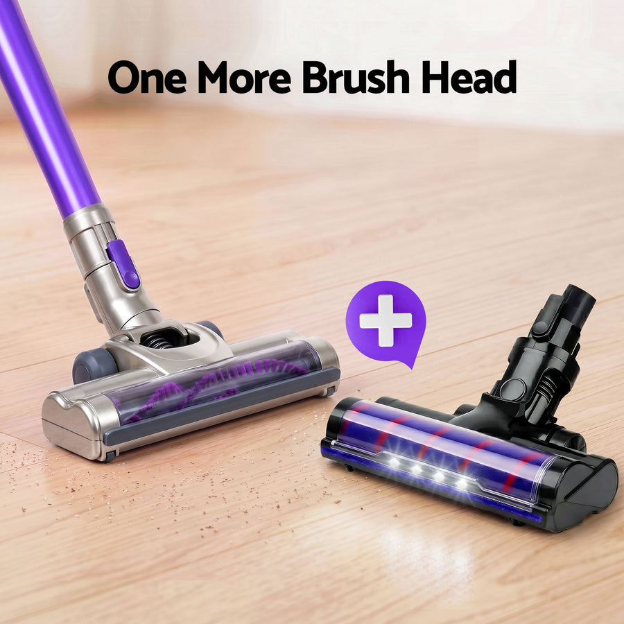 Devanti cordless 150W stick vacuum cleaner with roller brush, grey and purple, LED headlight