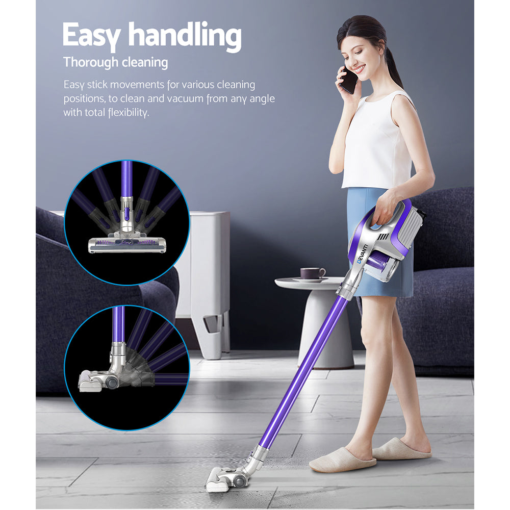 Devanti Cordless 150W Handstick Vacuum Cleaner with Motorized Roller Brush - Purple and Grey