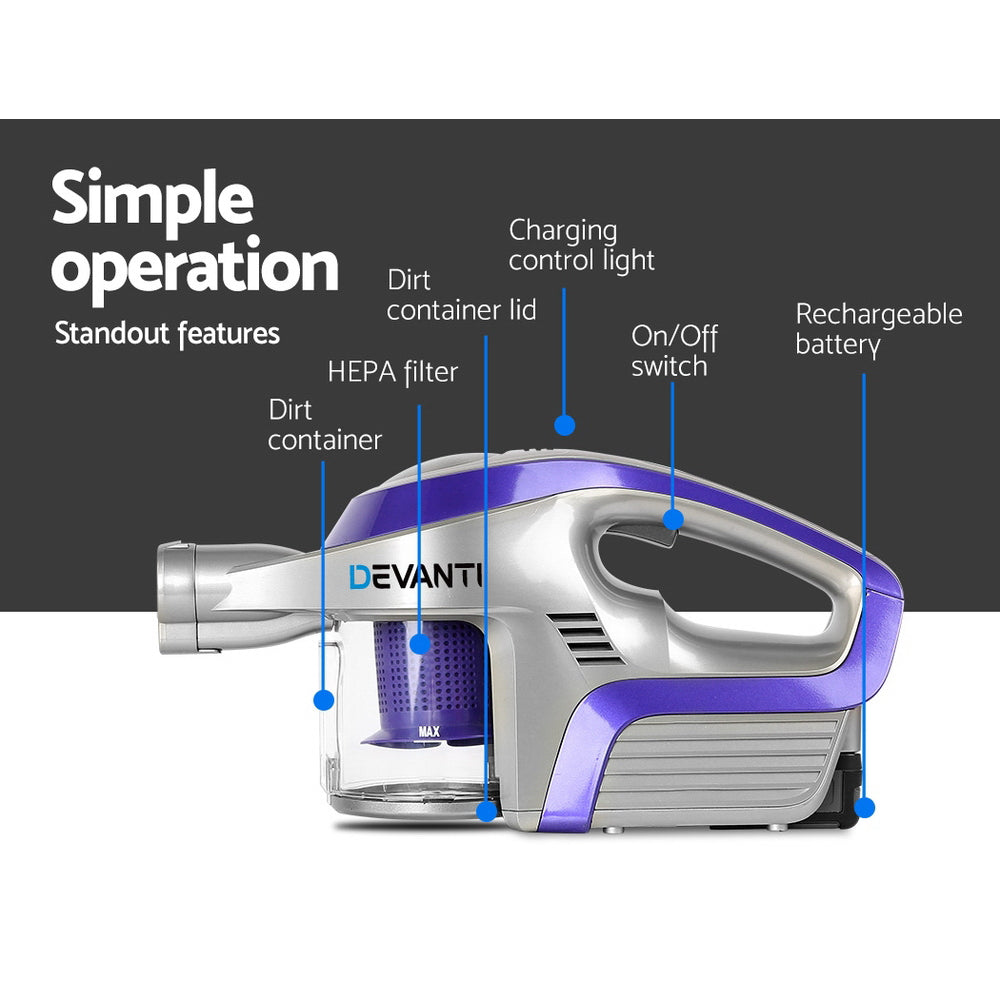 Devanti Cordless 150W Handstick Vacuum Cleaner with Motorized Roller Brush - Purple and Grey
