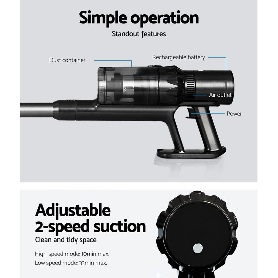 Devanti grey cordless brushless stick vacuum cleaner, 350W with HEPA filter, wall-mounting holder