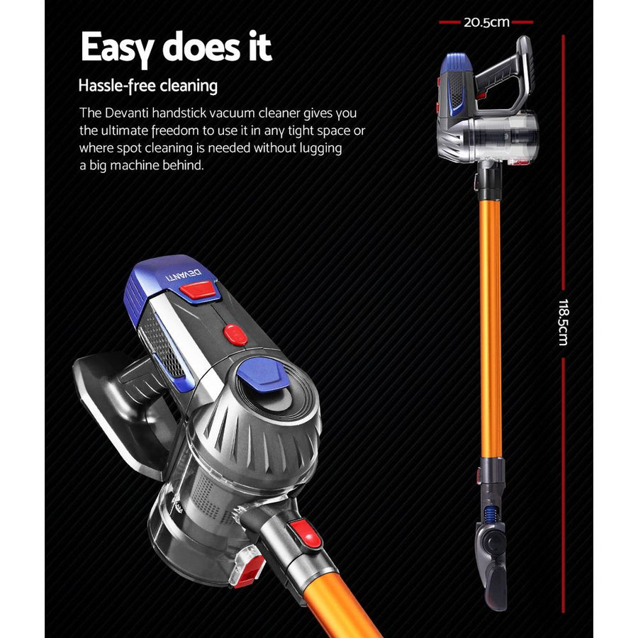 Devanti cordless bagless stick vacuum cleaner, 150W, gold and grey, 160 degree swivelling head