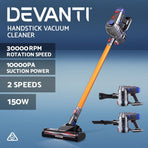 Devanti cordless bagless stick vacuum cleaner, 150W, gold and grey, LED headlight