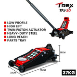 T-REX 3000KG Hydraulic Trolley Floor Jack, High Lift, Dual Pump, Quick Release Handle - Rear View