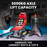 T-REX 3000KG Hydraulic Trolley Floor Jack, High Lift, Dual Pump, Quick Release Handle - Front View