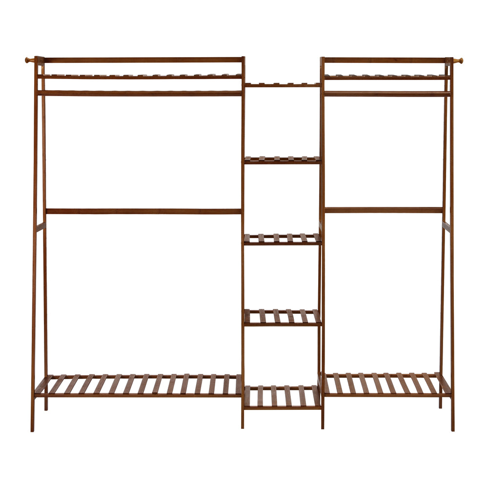 Oikiture Clothes Rack Open Wardrobe Hanging Rail Bamboo 9 Shelves
