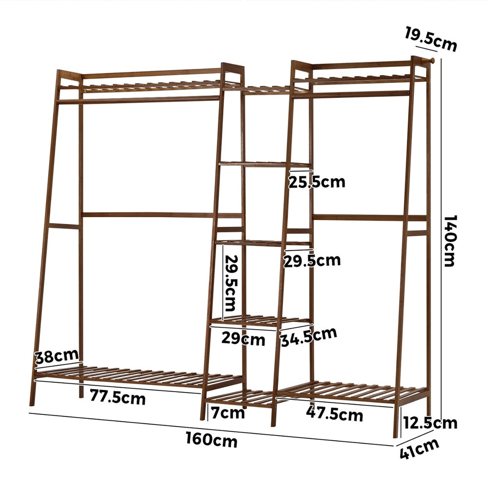 Oikiture Clothes Rack Open Wardrobe Hanging Rail Bamboo 9 Shelves