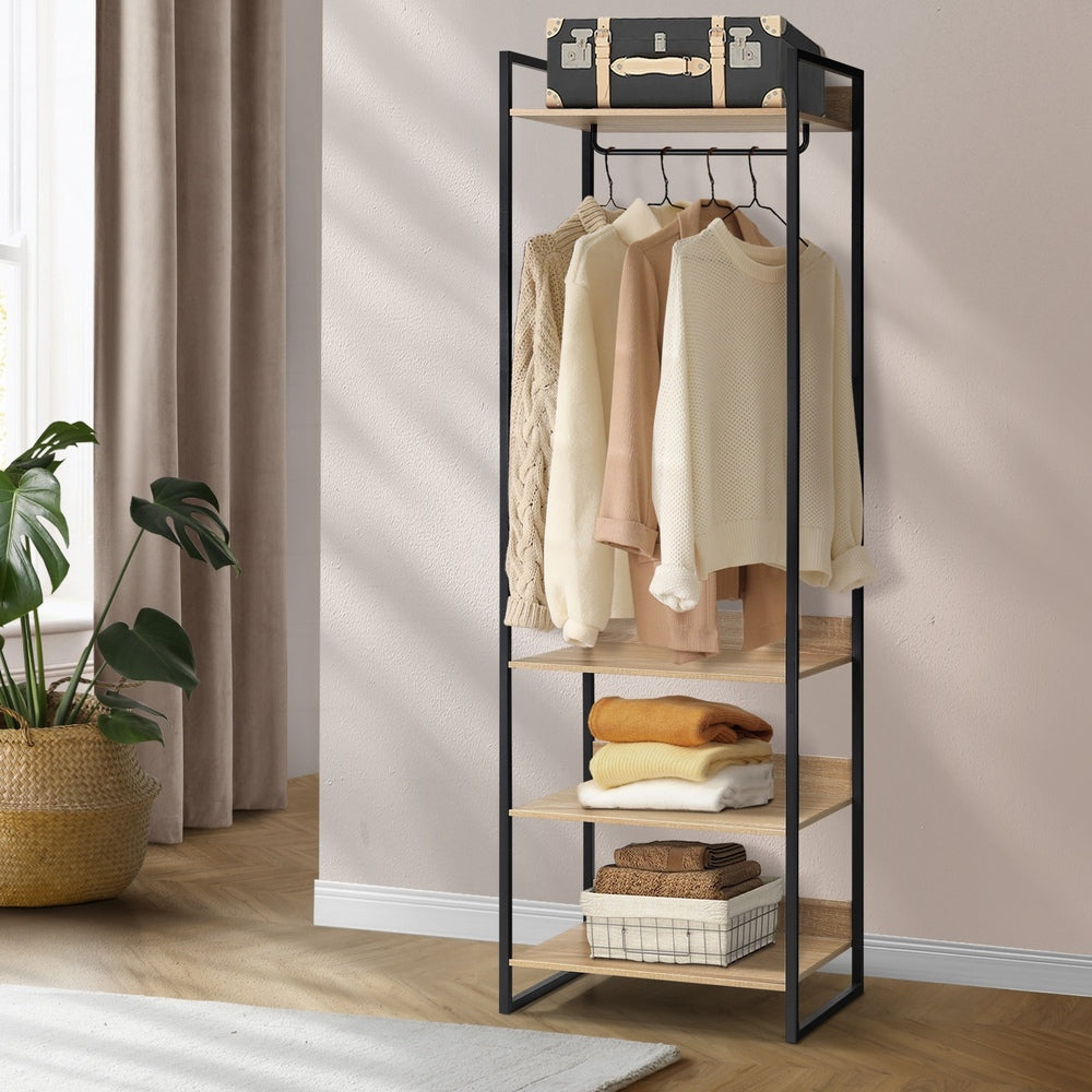 Oikiture Clothes Rack Open Wardrobe 4 shelves Hanging Rail Metal