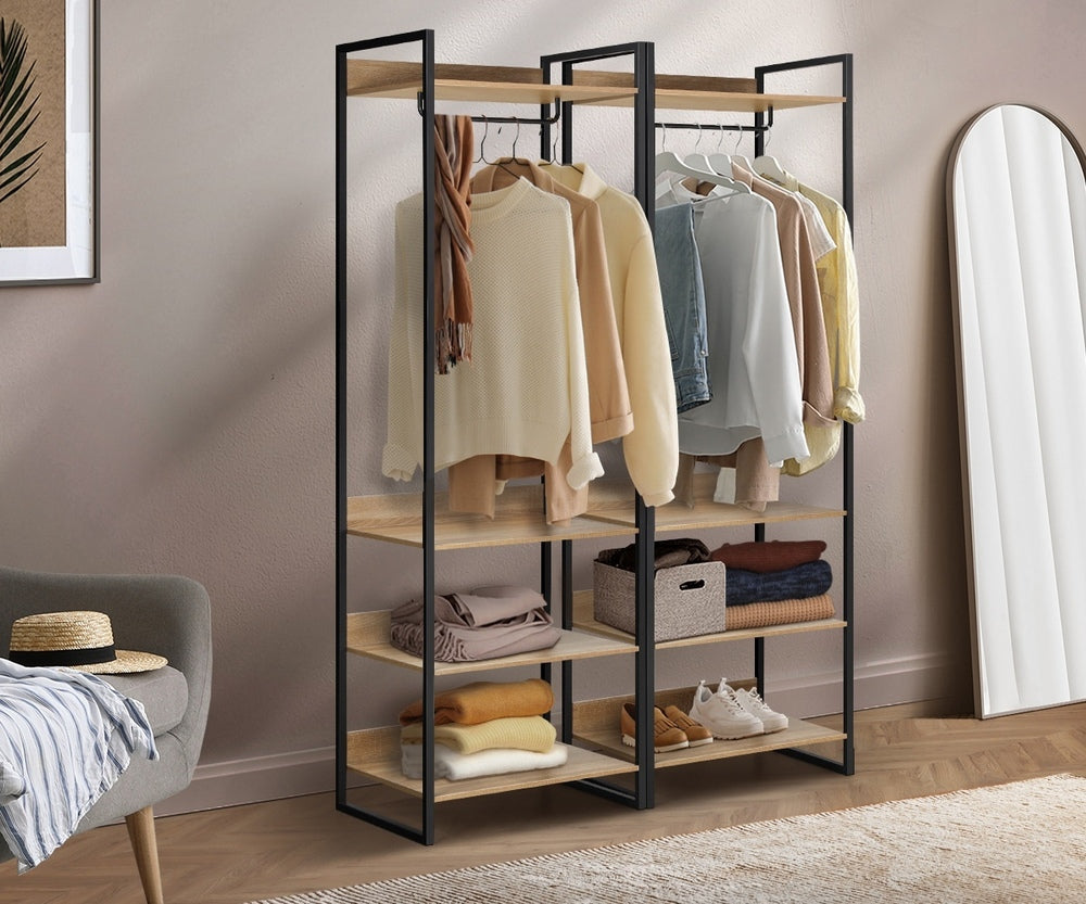 Oikiture Clothes Rack Open Wardrobe 4 shelves Hanging Rail Metal