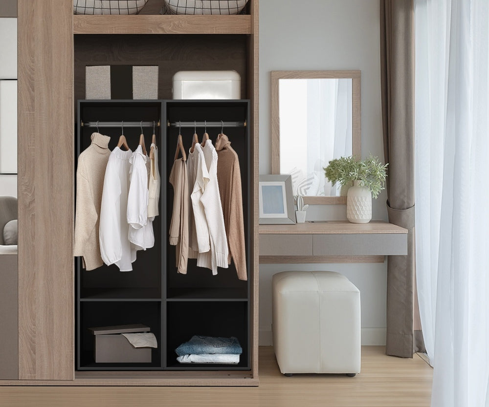 Oikiture Open Wardrobe Shelf Unit 2 Shelves Hanging Rail Black