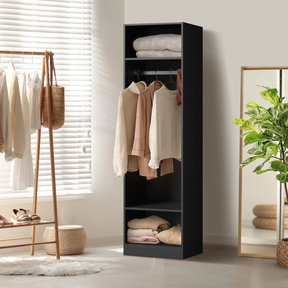 Oikiture Open Wardrobe Shelf Unit 3 Shelves Hanging Rail Black