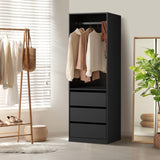 Oikiture Open Wardrobe Shelf Unit 3 Drawers Hanging Rail Black - Side View