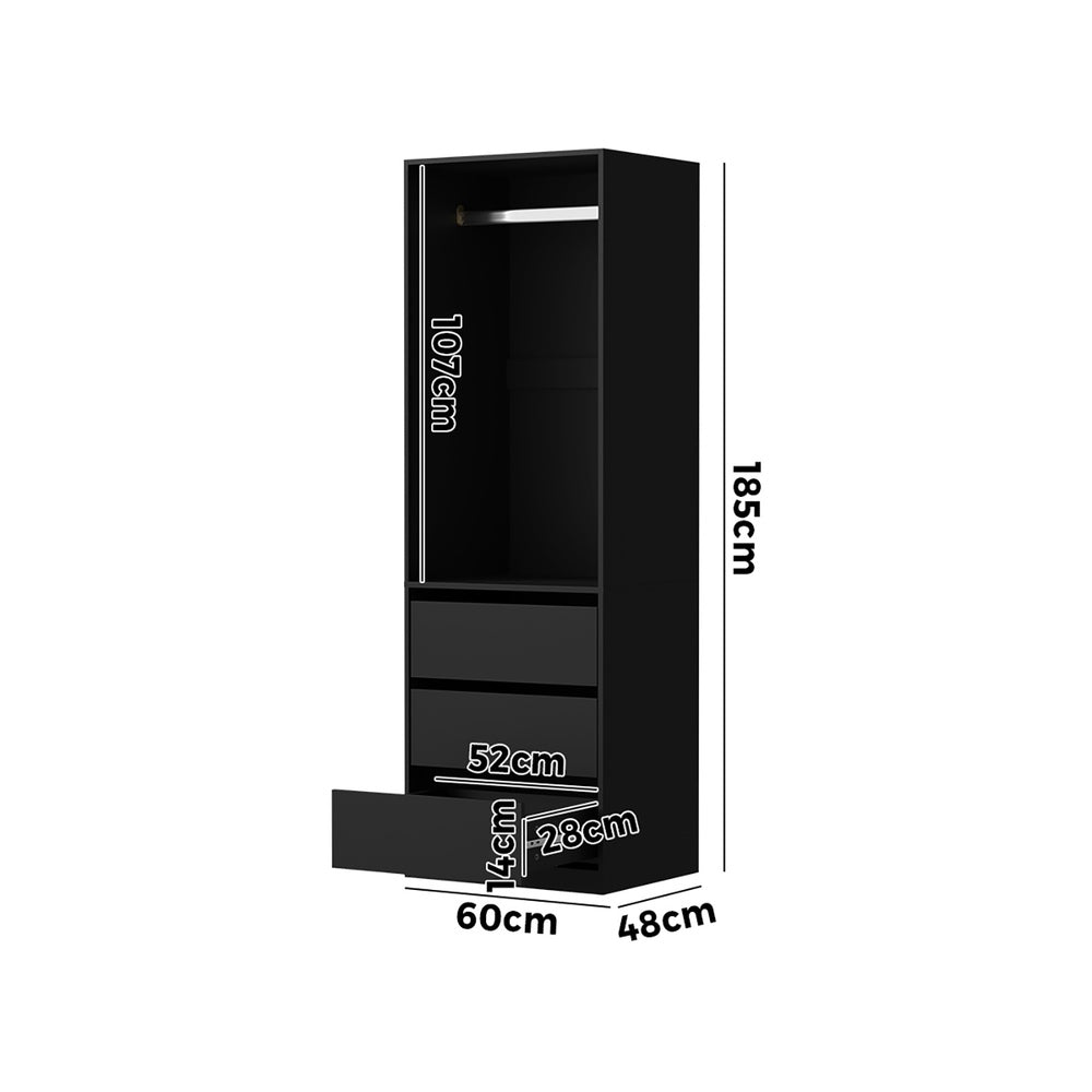 Oikiture Open Wardrobe Shelf Unit 3 Drawers Hanging Rail Black