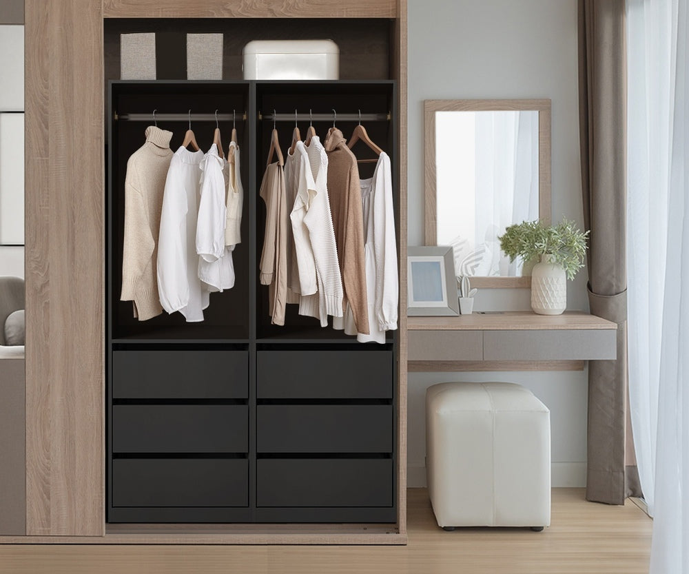 Oikiture Open Wardrobe Shelf Unit 3 Drawers Hanging Rail Black
