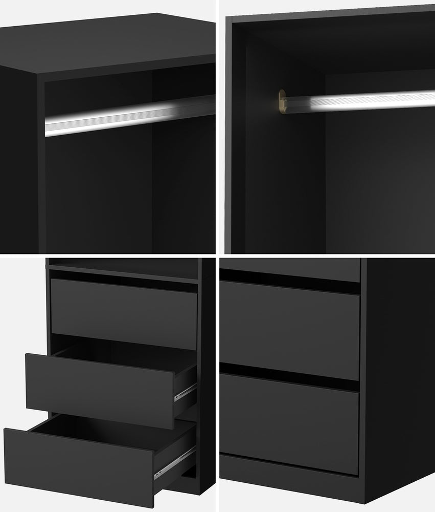 Oikiture Open Wardrobe Shelf Unit 3 Drawers Hanging Rail Black