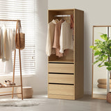 Oikiture Wardrobe 3 Drawers Hanging Rail Natural - Close-Up Angle
