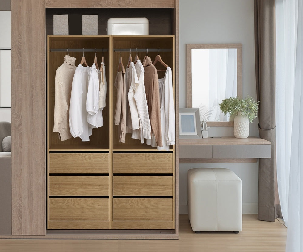 Oikiture Wardrobe 3 Drawers Hanging Rail Natural