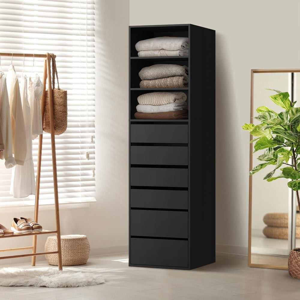 Oikiture Wardrobe Shelf Unit 3 Shelves 6 Drawers Black