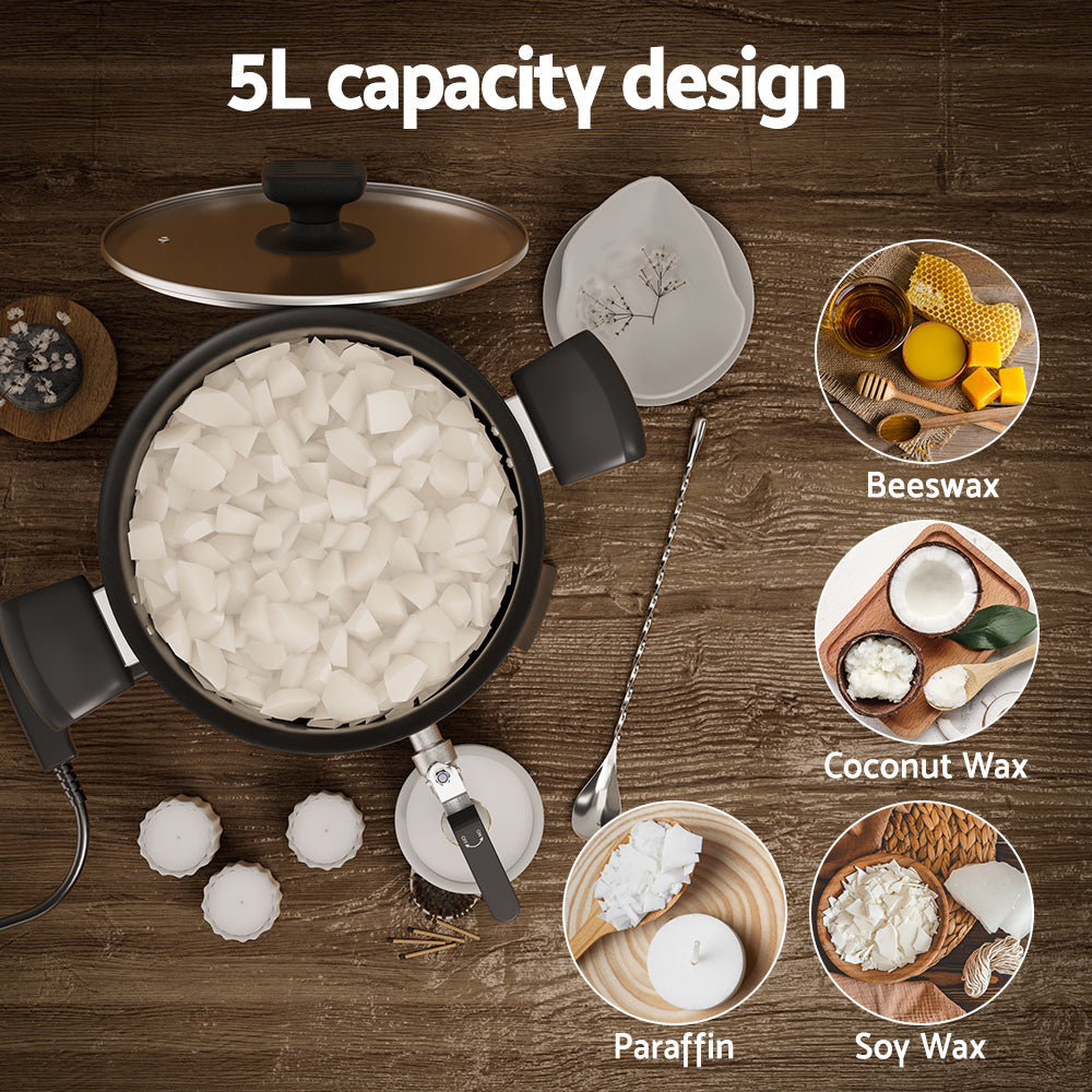 Devanti 5L Candle Wax Melter with Quick Pour Spout and Safety Features - 1200W Electric Melting Pot for Soy and Soap Making