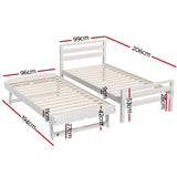 Artiss Bed Frame Single Size 2-in-1 Trundle Wooden White AVIS - Front View