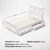 Artiss Bed Frame King Single Size Wooden with 2 Storage Drawers White - Front View