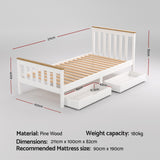 Artiss Bed Frame Single Size Wooden Platform with 2 Storage Drawers White PONY - Front View