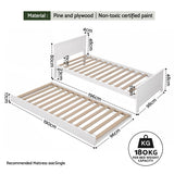 Artiss Single Bed Frame with Trundle Solid Wood Toddler Bunk Bed with Headboard White - Front View