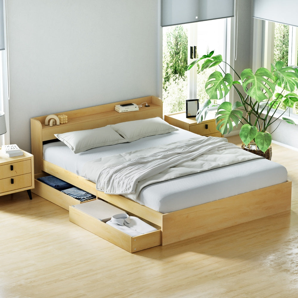 Artiss Bed Frame Queen Size with Charging Ports and 2 Drawers AURA